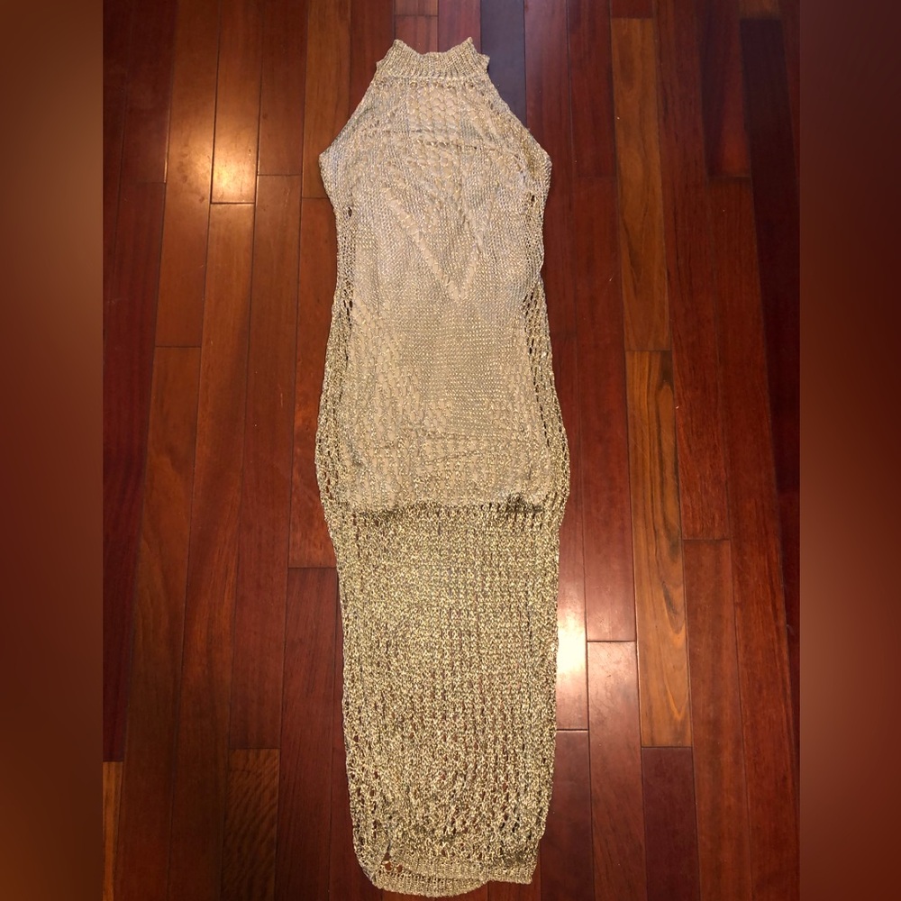 Venus Metallic Gold crochet maxi dress size medium!